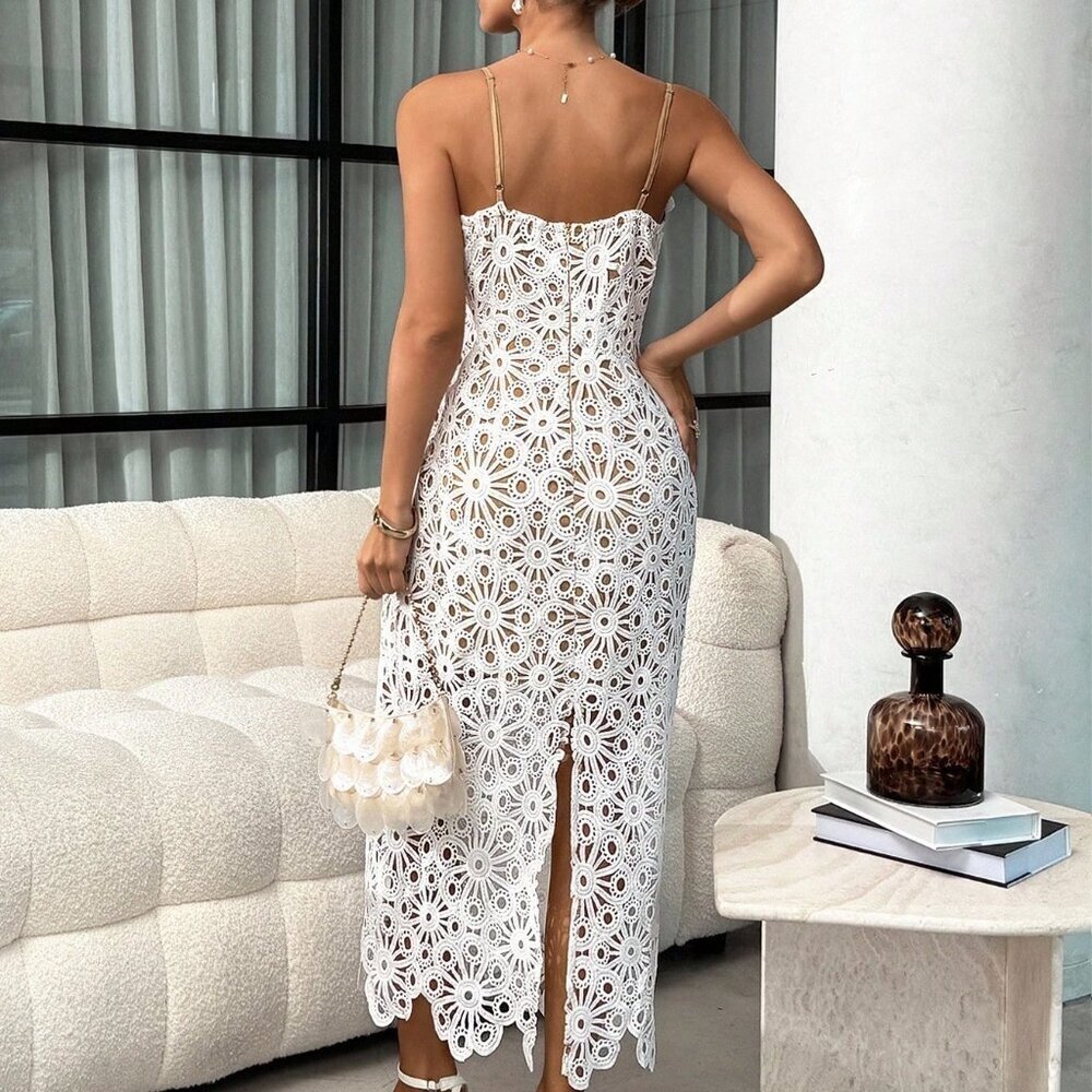 White Elegant Women's Asymmetrical Lace Cutout Camisole Watercolor Midi Dress - Picture 2 of 6